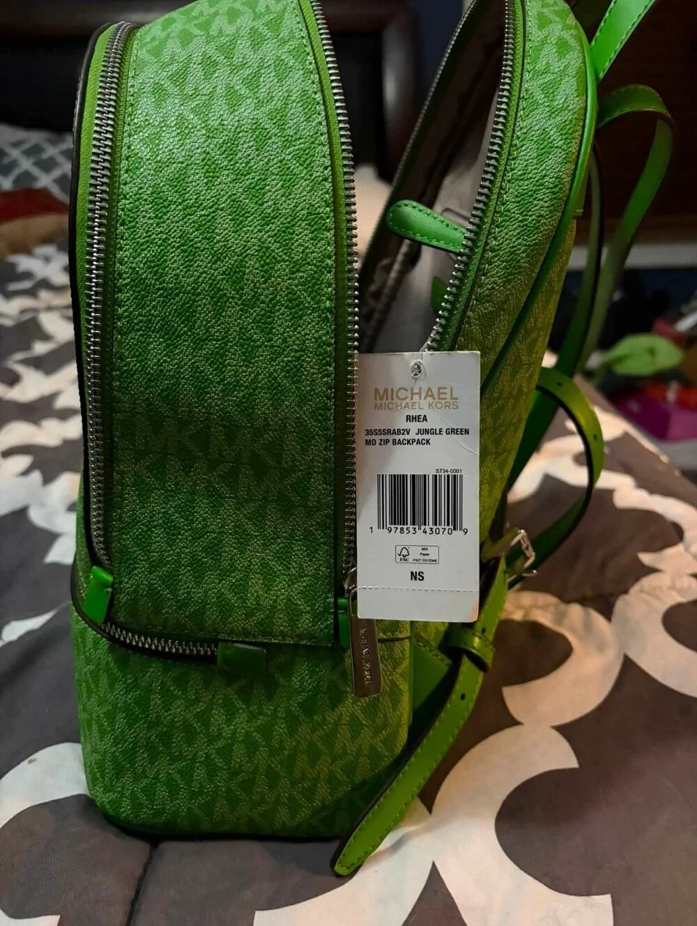 Michael Kors Green MK Monogram Backpack with Silver Accents